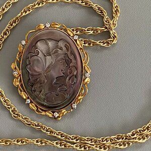 Victorian Style Carved Paua Cameo Necklace Brooch​​​​​​